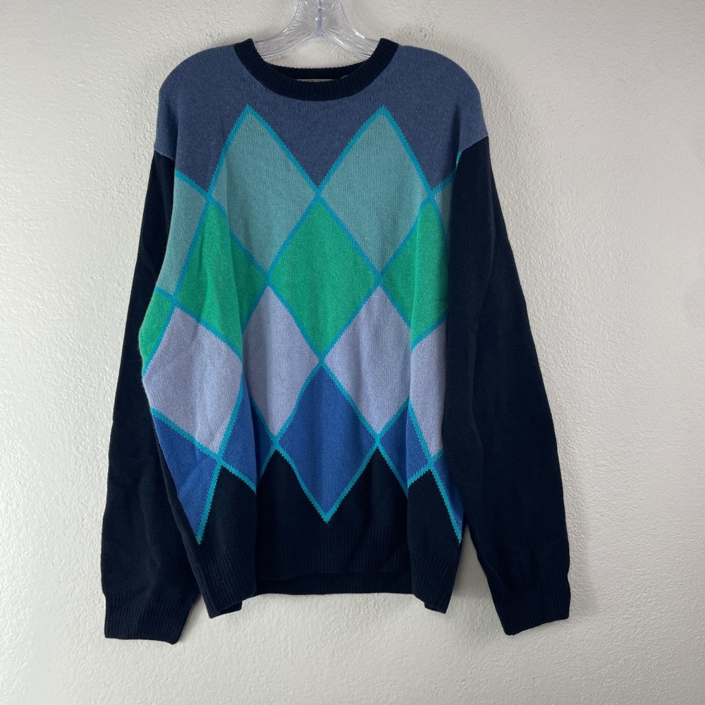 Raffi Cashmere Argyle Sweater XL Blue Green Preppy Luxury Academic Classic